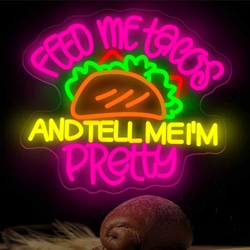 Image of Feed Me Tacos And Tell Me I'm Pretty Neon Sign Tacos LED Light | USB Powered Dimmable Mexican Restaurant Decor Taco Party Fast Food LED Light Coffee Decor 15.7 inchx13.8 inch