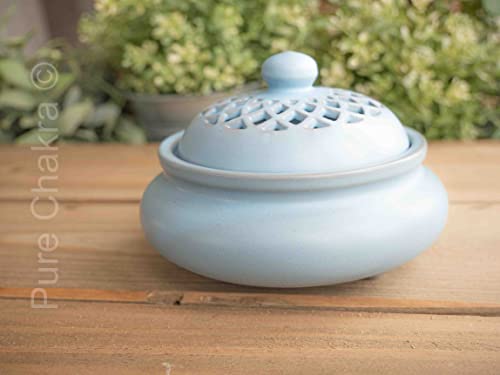 4.5" Wide Round Ceramic Incense Burner Bowl | Stick Rope Dhoop Cone Ash Catcher | Traditional Chinese Design Meditation (Blue) #TOP1