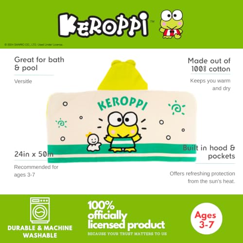 Image of Sanrio Keroppi Kids Super Soft Bath /Pool /Beach Soft Cotton Terry Hooded Towel Wrap, 24 in x 50 in, (Officially Licensed Product) by Franco