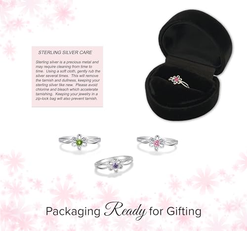 Precious Pieces Sterling Silver Simulated Birthstone Baby Ring with Flower for Little Girls 5