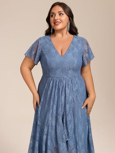 Image of Ever-Pretty Plus Women's Summer V Neck Short Ruffles Sleeves Lace Midi Plus Size Cocktail Party Formal Dresses Dusty Blue US20