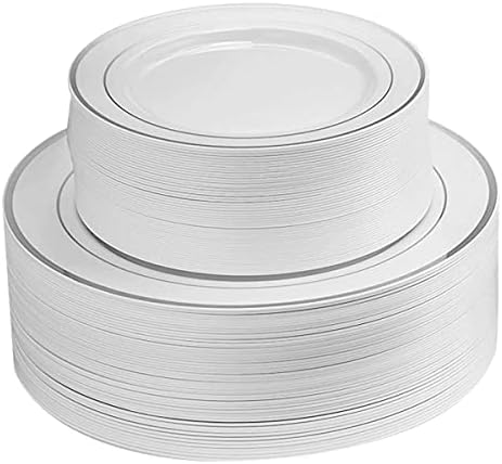 ricpok 100 Piece Plastic Party Plates White Silver Rim, 50 Premium Heavy Duty 10.25 Inch Dinner Plates and 50 Disposable 7.5 Inch Dessert Appetizer Elegant Fancy Heavy Duty Wedding Plates
