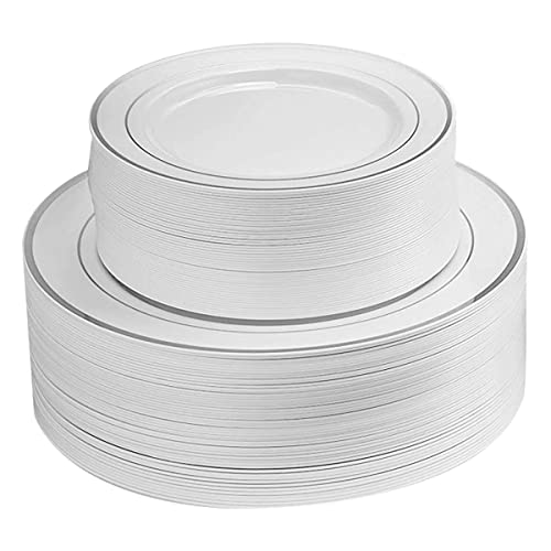 Ricpok 100 Piece Plastic Party Plates White Silver Rim, 50 Premium Heavy Duty 10.25 Inch Dinner Plates And 50 Disposable 7.5 Inch Dessert Appetizer Elegant Fancy Heavy Duty Wedding Plates #TOP3