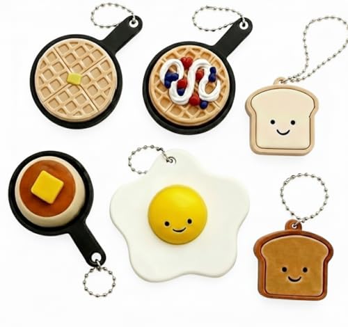 Breakfast Fidget Clicker Set – 6-Pack Clicker Keychains Cute 3D Printed Egg, Toast, Pancake & Waffle Fidget Accessory for Relief of Stress and Backpack Charm (6 Piece)
