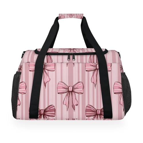 Bow Stripes Pink Travel Duffel Bag Weekender Overnight Bags for Women Men Foldable Waterproof Tote Bag with Trolley Sleeve