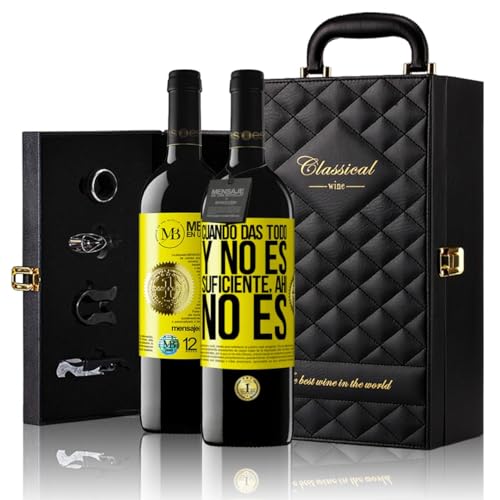 «Cuando das todo y no es suficiente, ahí no es» Mensaje en una Botella. Estuche-Maletín de LUJO 2x Vino Tinto Premium Reserva 12 Meses y Set de 4 Accesorios. Etiqueta Amarilla PERSONALIZABLE