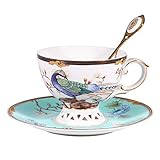 fanquare 7oz Blue Bird Fine Bone China Coffee Cup, Peacock Porcelain Tea Cup and Saucer Set, Cappuccino Cup