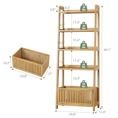 Bamjoy-Bamboo-Ladder-Shelf-Bookshelf-with-4-Display-Shelves-and-1-Open-Storage-Basket-Multifunctional-Storage-Rack-Organizer-for-Home-Office-Bedroom-Living-Room-66-H-Natural