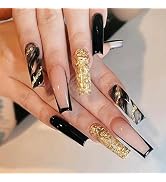 24-PCS French Tip Press on Nails Long Fake Nails Shiny Black Gold Coffin Press on Fake Nails Glos...
