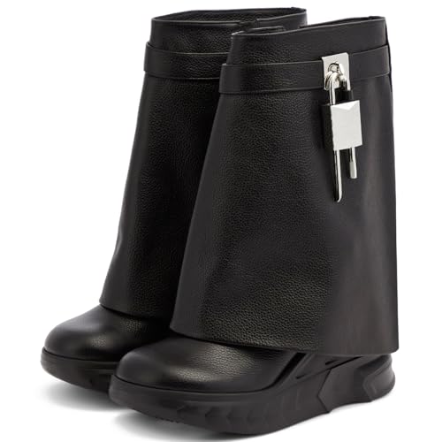 Women's Padlock Ankle Boots Fold Over Wedge Boots Platform Round Toe Mid Calf Biker Boot Fashion Comfort Booties2