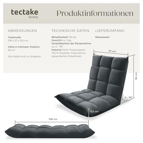 tectake® Relaxsessel, XXL Bodenstuhl faltbar mit Liegefunktion, Bodensessel mit Verstellbarer Rückenlehne, nutzbar als Sessel, Sitzkissen, Bodenkissen, Relaxliege oder für Meditation (grau)