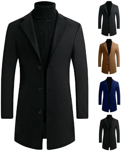 YRAETENM Mens Single Breasted Trench Coat Classic Slim Fit Notch Lapel Mid Long Peacoat Fall Winter Casual Business Overcoat