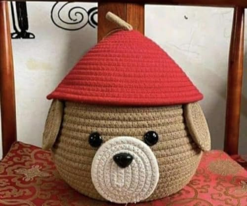 Image of SLAPPY Multi-Purpose Cute Jute Basket with Lid Storage Basket for Bathroom Living Room & Kitchen Organiser Box Vanity Box First Aid Box (Pack of 1) 25x20cm Beige & Red