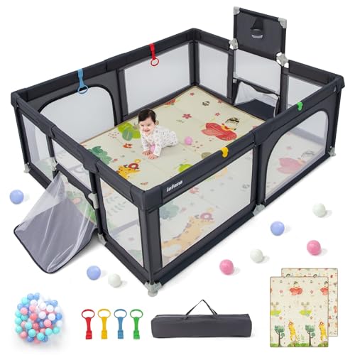 Image of INFANS Baby Playpen, 74” x 62” Extra Large Baby Play Yard with Crawling Mat, 50 Ocean Balls, 4 Pill Up Rings, Basketball Hoop and 2 Football Gates for Toddlers, Indoor Activity Center (Dark Gray)