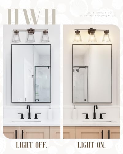 Image of Bathroom Vanity Light Fixture, HWH 3-Light Farmhouse Vanity Lights Over Mirror Bathroom Lighting Fixtures with Clear Striped Glass Shade, Oil-Rubbed Bronze Finish, 5HZG97B-3W ORB