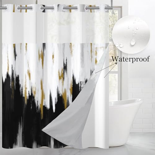 Caheansi No Hook Shower Curtain with Snap in Liner, Hotel Style Black White Gold Brush Strokes Art Modern Shower Curtain Waterpoof Washable with See Through Top Window,71"x74" by Caheansi - Used condition - Image 2