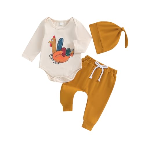 Image of CREAIRY 3Pcs Newborn Baby Boy Thanksgiving Coming Home Outfit Turkey Long Sleeve Romper Bodysuit Pants Set +Hat Fall Clothes