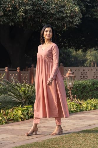 Image of Women's Dhanna Fashion Long Cut Salwar Suit with White Polka Dots,Full Sleeves, V-Neck,, Rayon