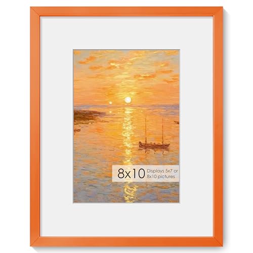 Fun Memories 8x10 Inch Metal Picture Frame - Aluminum Photo Frames - 5x7 Mat - Ideal for Wall or Tabletop Display - Wall Hook Hanging Hardware Included - Orange - Set of 1