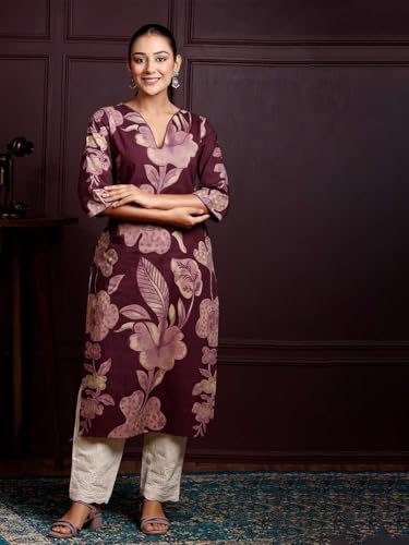 Image of Rimeline Women's Cotton Floral Printed Kurta with Notch Neck Detail | Straight Fit Ethnic Wear for Office, Casual & Everyday Styling