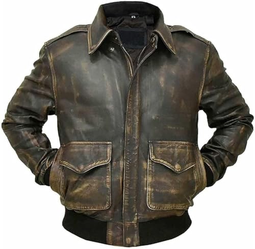 Image of Mens G-1 Fur Collar US Navy Flight Distressed Brown Aviator Genuine Leather Jacket
