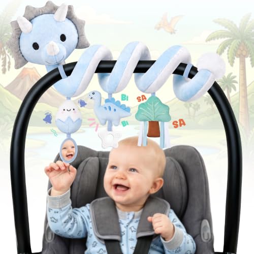 Image of Stuffed Dinosaur Spiral Car Seat Toys Hanging for Babies 0-3 3-6 6-12 Months, Plush Infant Stroller Toy with Silicone Teether, Crinkle and Squeaker, Soft Cute Shower Gifts for Newborn Boys Girls