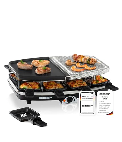 Produktfoto von Cloer 6435 Raclette mit Naturstein, 1200 W, 8 antihaftbeschichtete Raclettepfännchen, Geteilte Platte