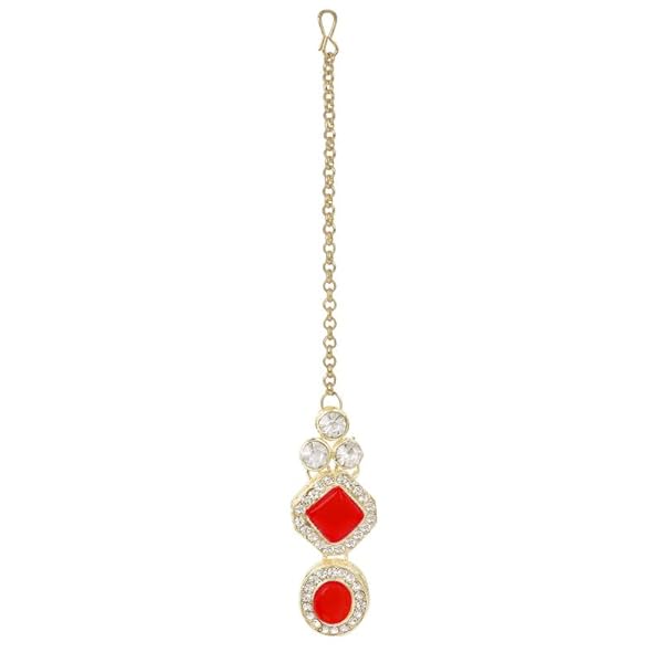 TANAIRA Red Color Stones Choker Necklace Earrings Maangtika Set For Women & Girls/Gold Color crystal Bridal Jewellery Set for Wedding |Birthday Gift for girls and women Anniversary Gift for Wife - Image 6