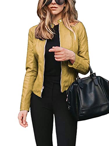 Onsoyours Femme Veste en Cuir PU Vintage Bombers Moto Blouson Manteau Simili Cuir Biker Jacket Zippé Chaud Casual A Jaune 3XL