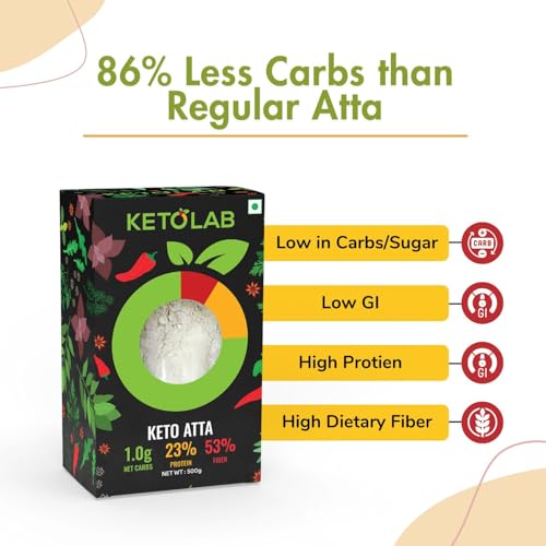 Image of Ketolab Keto Aata Flour, 500 Gms, 1 Pack, 1g Net Carb & 23% High Protein /Soft Roti, Identical to Wheat Flour, Ultra Low Carb, Pre-Biotic High Fibre, Low GI, Keto Diet, Weight Loss, Diabetic Friendly
