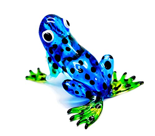 Changthai Design Tiny 2½" Long Dark Blue Black Dots Frog Figurine - Miniature Hand Blown Glass Colorful Poison Dart Frogs Amphibian Tropical Animals Crystal Decorative Collectible Figurines Home Décor #TOP1