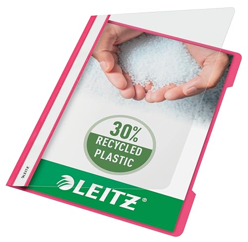 Leitz A4 Standard Schnellhefter, 25er Pack, 30% Pre-Consumer Recycling-Kunststoff, Hefter für A4-Blätter, 60 Blatt Kapazität, Ideal als Dokumententasche für Schule, Haushalt oder Büro, Pink, 41910022