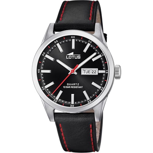 Imagen de LOTUS Reloj Hombre Analógico de Cuero Negro Movimiento de Cuarzo Calendario Cristal Mineral de Alta Resistencia Resistente al Agua 10 ATM Clásico 18671