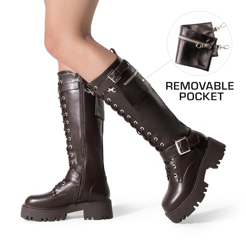 DREAM PAIRS Women's Combat Riding Platform Knee High Boots, Lace Up Fall Lug Sole Gothic Motorcycle Boots with Inside Zipper,Size 11,Brown,SDKB2304W