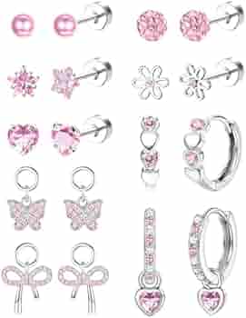 Diamday 16 paar oorstekers met schroefsluiting voor dames en meisjes, roestvrij staal, kleine oorstekers, set met zirkonia, hart, bloem, ster, schattige schroefboorringen, platte oorstekers, kraakbeen