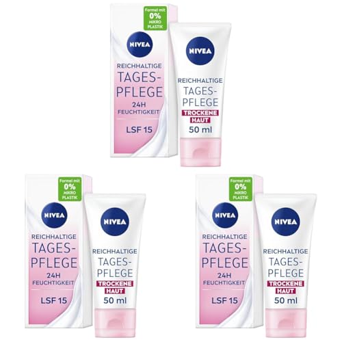 NIVEA Reichhaltige Tagespflege 24h Feuchtigkeit (50 ml), Gesichtscreme für trockene Haut mit LSF 15, feuchtigkeitsspendende Tagescreme mit natürlichem Mandelöl (Packung mit 3)
