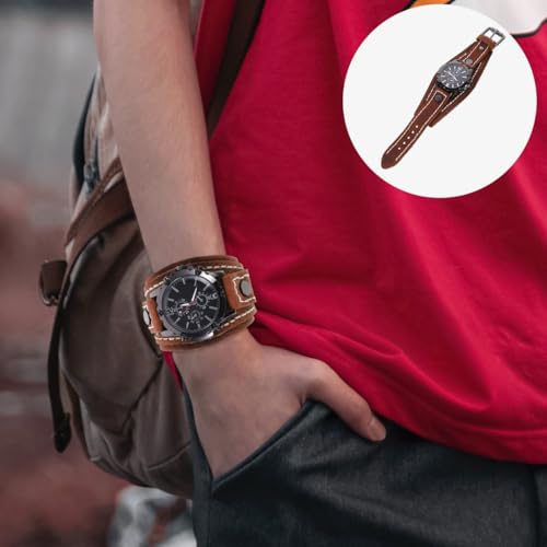 ULTECHNOVO Handmade Men Watches, Men Retro Bracelet Watch, Casual Wristwatch Cowhide Strap Watch Men Big Dial Wide Leather Bracelet Quartz Sport for Men Boys(Black Brown) by ULTECHNOVO - Used condition - Image 9