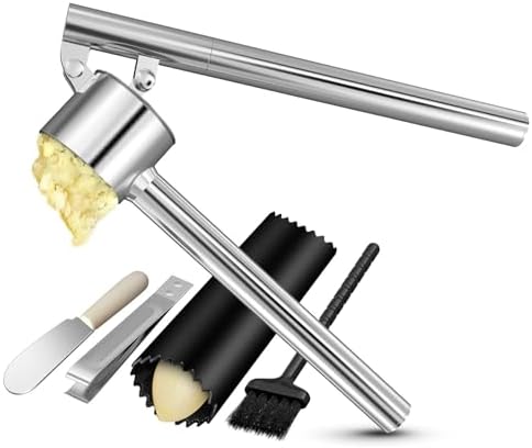5-in-1 Stainless Steel Garlic Press Set with Jumbo Chamber & Mincer - Heavy Duty Rustproof Garlic Crusher with Ergonomic Handle, Dishwasher Safe, Easy Squeeze Design for Ginger, Nuts, Herbs