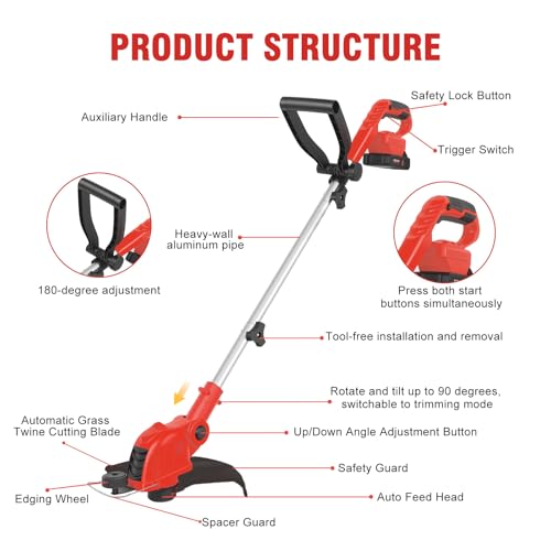 RAXONE 21V Cordless String Trimmer & Edger, 12\" Auto-Feed Grass Cutter with 2.0Ah Battery & Fast Charger, 2-in-1 Electric Weed Wacker Lawn Tool for Yard Garden Maintenance-Red - Thumbnail 2