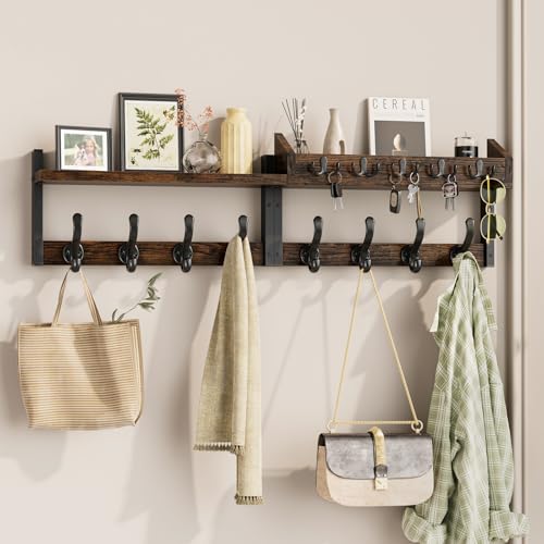Image of Evermagin 35 inch Coat Rack Wall Mount with Shelf, 4 in 1 Coat and Key Hanger with 13 Metal Hooks, Entryway Wall Mounted Shelf with Mail Holder for Living Room, Bedroom, Rustic Brown
