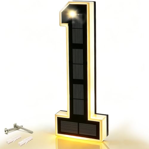 DIBMS 9 Inch Solar Lighted House Numbers for Outside, Waterproof LED Illuminated Address Sign, Personalized Digital Lamp for Home Exterior Residences Apartments Hotels Factories (Number 1-Black)