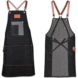 Uniformes De Trabajo Para Cafeterias Delantal Negro Vaquero, Durable Ajustable y Antimanchas Delantal Hombre Cocina, Delantal Trabajo Profesional con Multibolsillos por Barbero Tattoo Peluqueria Bartender Mecanico (Lanthour, Unisex)