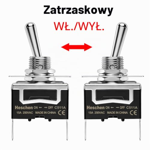 Heschen Metalowy przełącznik kołyskowy C511A SPST utrzymywany ON/OFF 2 pozycje 15 A 250 V AC 2 zakładki CE