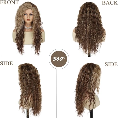 Image of GNIMEGIL Super Long Curly Wig 80s Big Wavy Wigs for Women Brown Mixed Blonde Highlights Fluffy Curls Free Part Root Synthetic Costume Party Carnival Wig with Hairpin