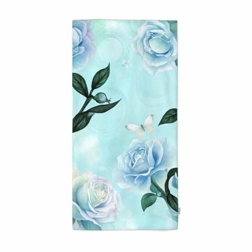 oFloral Rose Hand Towels,Hand Painted Watercolor Drawing Blooming Rose and Butterfly Toned in Aqua Blue Soft Comfortable Super-Absorbent Towel for Bathroom Kitchen Spa Gym Yoga 15X30 Inch