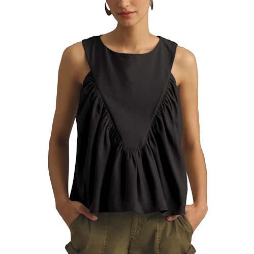 Hixiaohe Shirred Swing Tank Tops for Women Fashion Flowy Sleeveless Shirts Casual Crew Neck Blouse Loose Fit Ruffled Tops