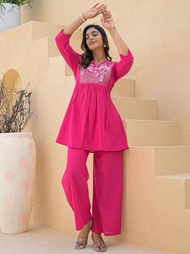 Image of Women's Rayon Kurti Set with Palazzo Pants | Embroidered V-Neck A-Line Short Kurti with 3 /4 Sleeves | Casual Ethnic Co-Ord Set for Daily Wear, Office & Festive
