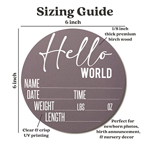 Image of Baby Announcement Sign for Newborn Boys and Girls (Color Bases) - Hello World Nursery Decor Sign & Photo Prop for Babies Made of Birch Wood - 6 inch Circle Board (Purple)