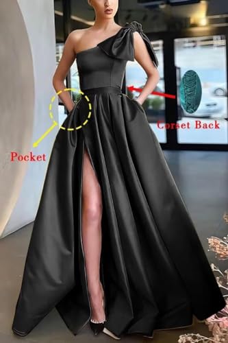 A Line One Shoulder Satin Long Prom Dress for Women, Sleeveless Formal Evening Party Gown with Side Slit4