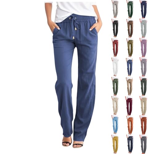 LBECLEY Womens Linen Pants Casual Drawstring Elastic Summer Straight Leg Pants Beach Lounge Trousers with Pockets (001-Blue S)